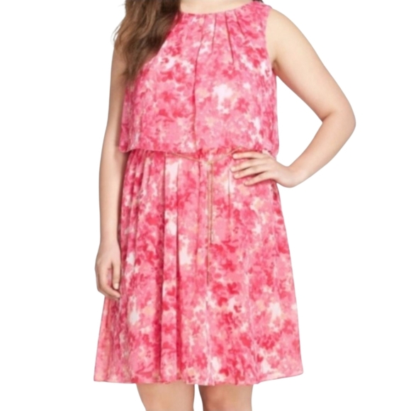 Calvin Klein Tiered Fit Flare Dress Pink Tie Dye Sleeveless Pleated Neck 10 - Picture 2 of 6